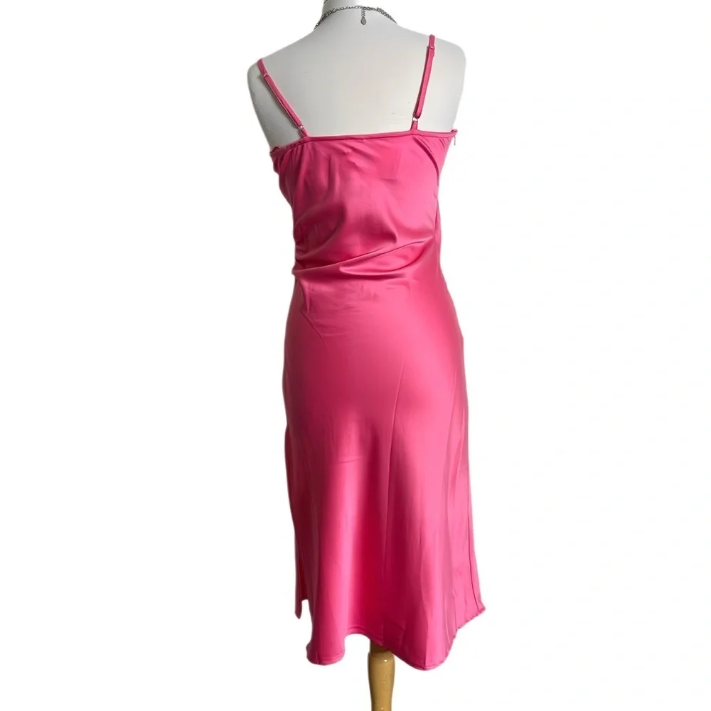 Glam Hot Pink Satin Slip Midi Dress Ruched Barbiecore Cocktail Party Womens S - Picture 7 of 11
